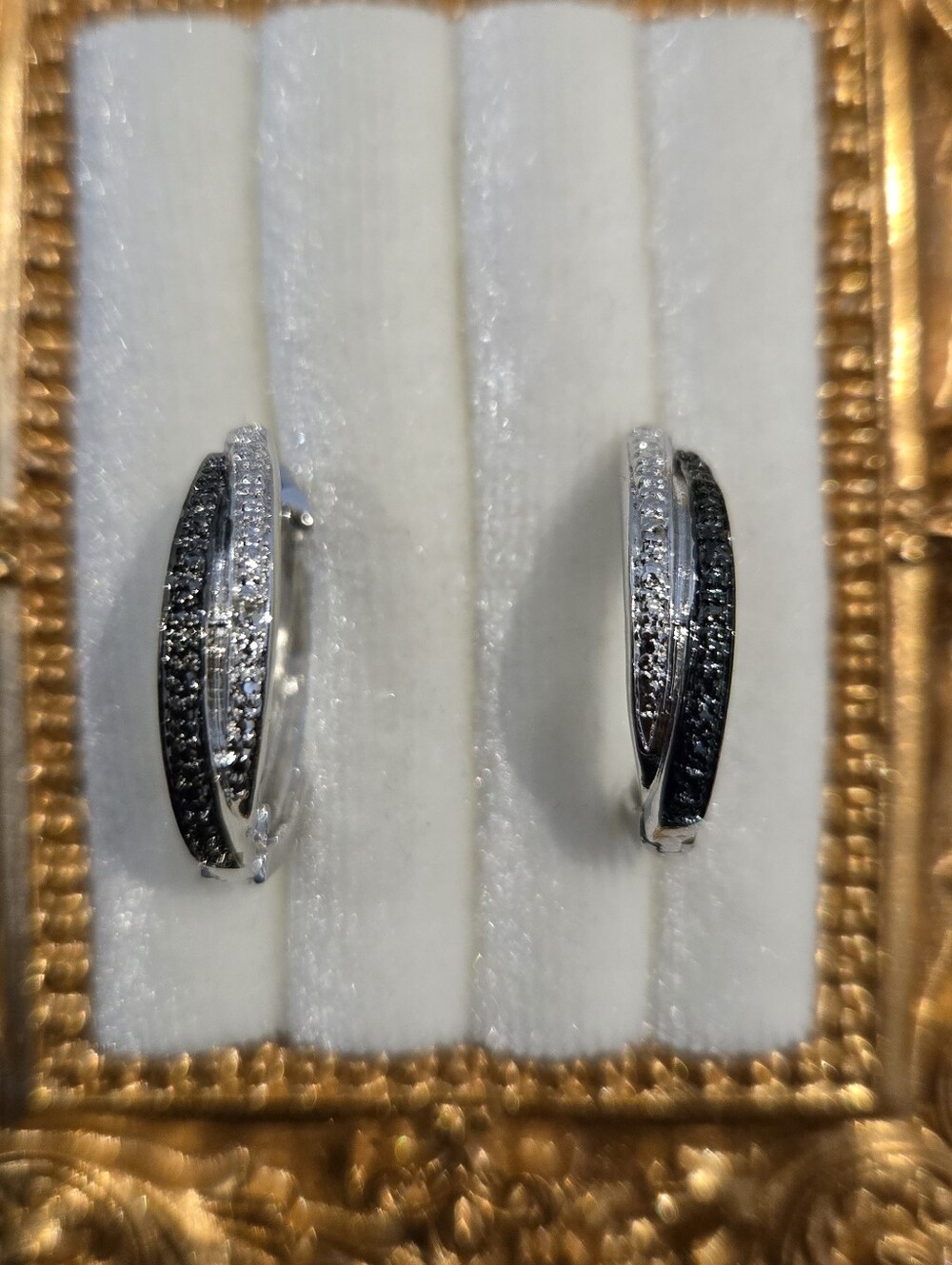 NWT Rhodium Over Brass Silver Tone Hoop Earrings - Black and White REAL Diamonds